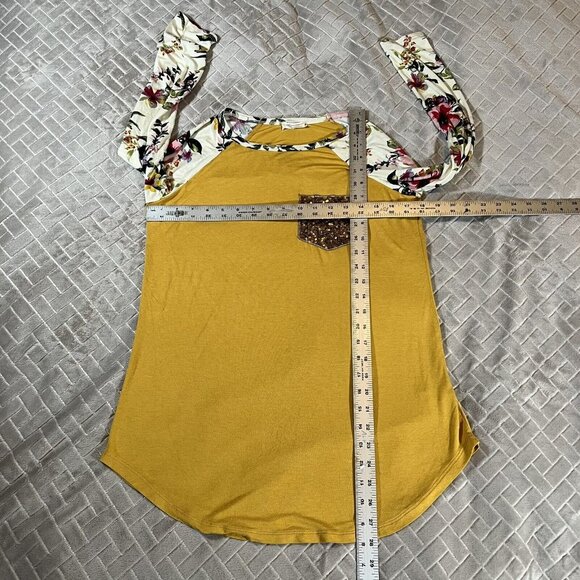 Be Stage Womens Small Shirt Long Raglan Sleeve Mustard Yellow Floral Gold Sequin - Picture 4 of 5